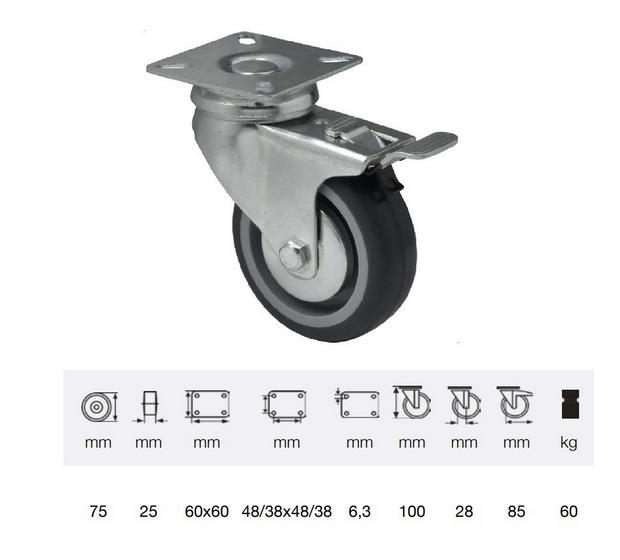 BDPE 0751 1001, Forgó-fékes kerék, 75 mm, 60 kg teherbírás, talpas felfogatás