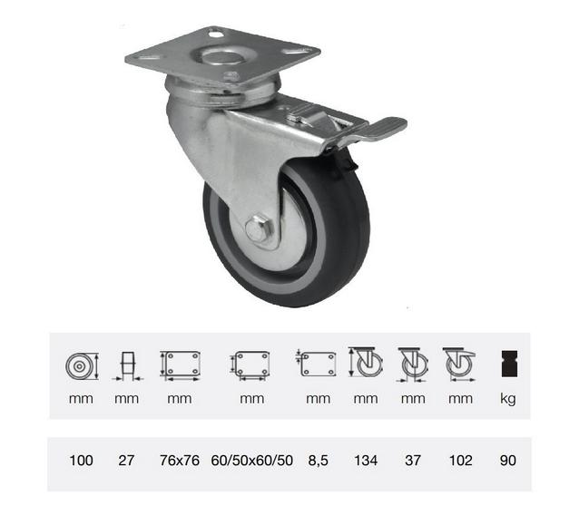 BDPE 1001 1001, Forgó-fékes kerék, 100 mm, 90 kg teherbírás, talpas felfogatás