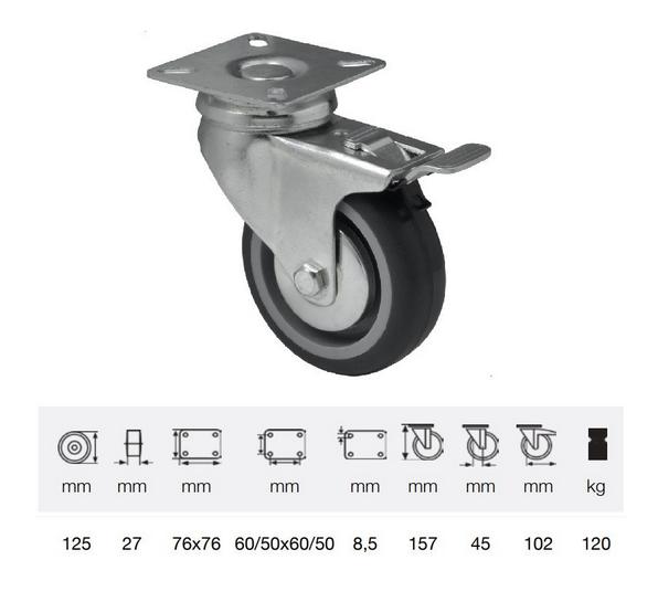 BDPE 1251 1001, Forgó-fékes kerék, 125 mm, 120 kg teherbírás, talpas felfogatás