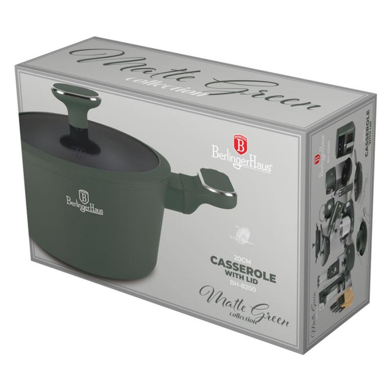 Berlinger Haus MATTE GREEN bevonatos lábos 20×10,4cm 2,5l+üveg fedő indukciós, BH-8200