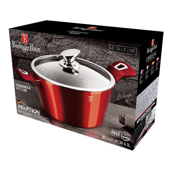 Berlinger Haus Metallic Line Burgundy indukciós bevonatos lábos+üveg fedő, 24 cm, 4,1 liter, BH-1257N