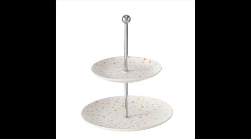 B.G.2045710 Színes pöttyös porcelán süteményes állvány 2 emeletes, 20,5x24cm