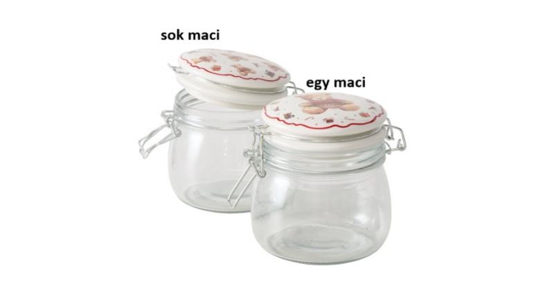 B.G.2060173 Üveg konyhai tároló csatos tetővel, 11,5x11x13,5cm, 450ml, piros pulcsis macival, Bailey