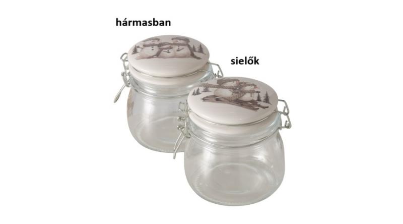 B.G.2061001 Üveg konyhai tároló csatos tetővel, 13x11x10,5cm, 450ml, hóemberes, Frosty