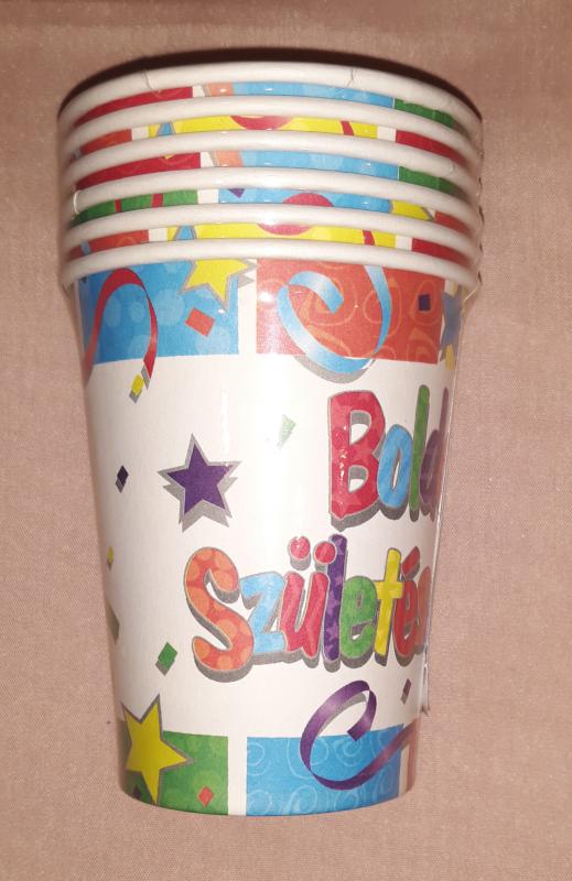 Boldog születésnapot feliratos papírpohár, 200 ml, 6 db