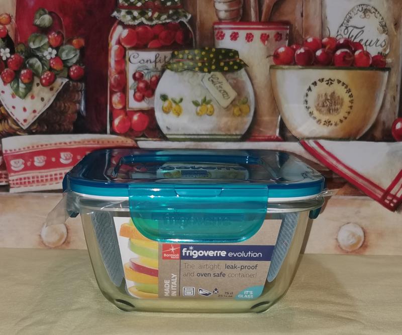 Bormioli Rocco Evolution türkiz szögletes üveg tároló+műanyag tető, 14x14x8 cm,