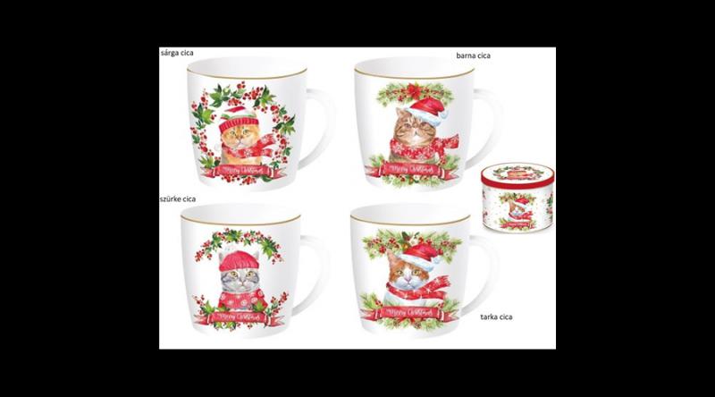 Cicás bögre, R2S.119XCAT Porcelánbögre 350ml, fémdobozban, Christmas Cats