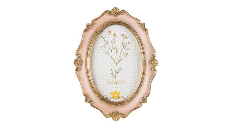 CLEEF.2F0994 Ovál képkeret rózsaszín, arany színű díszítéssel, 15x2x20/10x15cm, műanyag