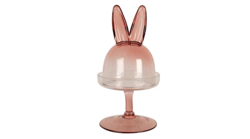 CLEEF.6GL4385 Talpas cukorka tartó búrával, rózsaszín üveg, nyuszifüles, 12x23cm