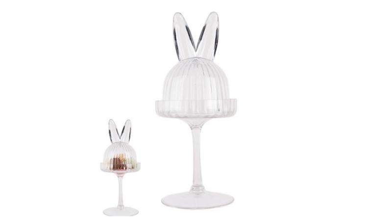 CLEEF.6GL4929 Nyuszifüles talpas bonbonier, 12x29cm, bordás üveg