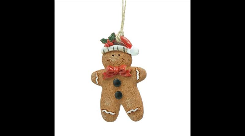 CLEEF.6PR4339 Mézeskalács fiúbaba mikulás sapkában, 6x1x8cm, műanyag függődísz dekorfigura