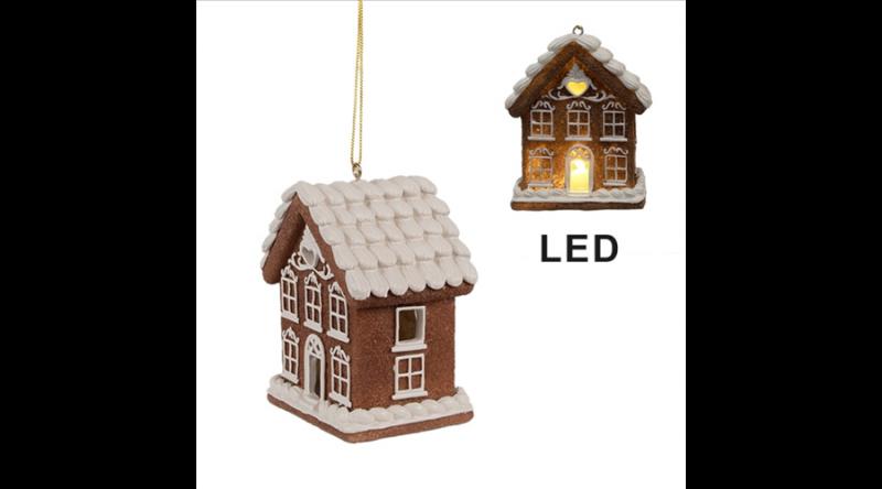 CLEEF.6PR4358 Mézeskalács házikó 8x6x10cm, LED-es műanyag függődísz