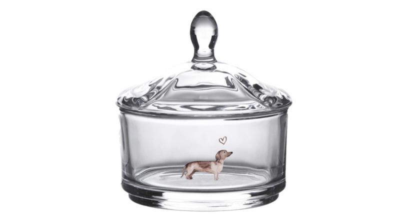 CLEEF.DHLGL0004 Üveg bonbonier tacskós 9x9cm,Dachshund Love