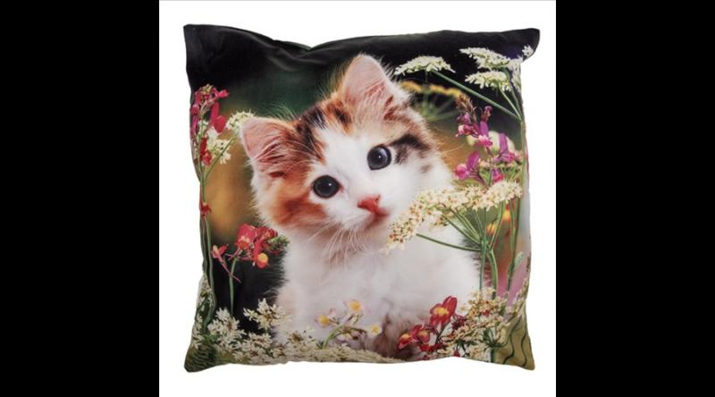 CLEEF.KT021.371 Textil párnahuzat 45x45cm, polyester, cica színes virágok között