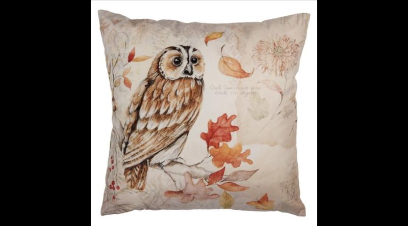 CLEEF.KT021.405 Textil párnahuzat 45x45cm, 100% polyester, bagoly őszi ágon