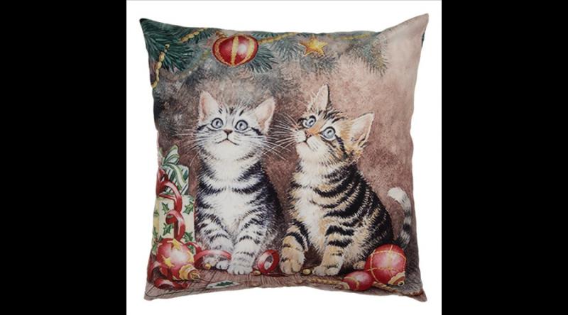 CLEEF.KT021.417 Textil párnahuzat 45x45cm, 100% polyester, cicák a karácsonyfa alatt
