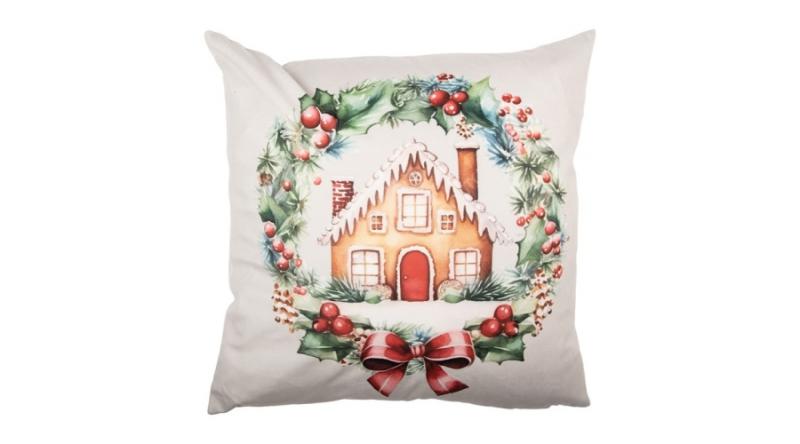 CLEEF.KT021.431 Textil párnahuzat 45x45cm, 100% polyester, koszorúban mézeskalács házikó