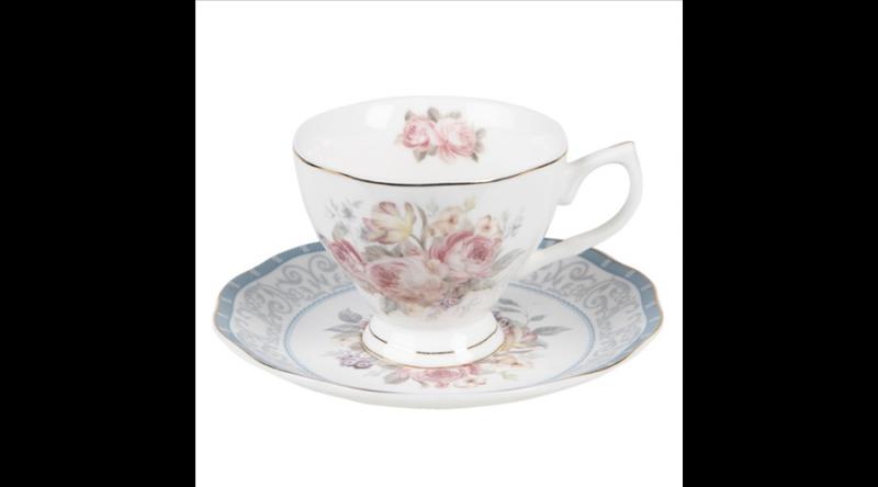 CLEEF.PECKS-1 Porceláncsésze+alj 220ml, kék-rózsaszín rózsás