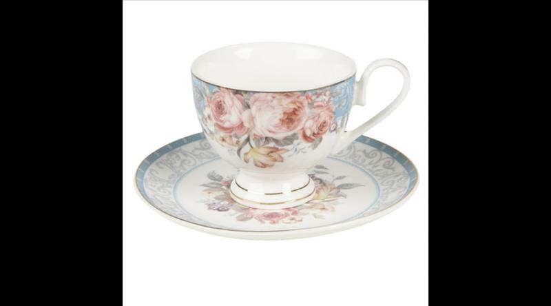 CLEEF.PECKS-2 Porceláncsésze+alj 200ml, kék-rózsaszín rózsás