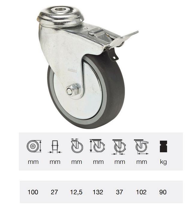 Colson BDPE 1005 1001, Forgó-fékes kerék, 100 mm, 90 kg teherbírás, furatos felfogatás