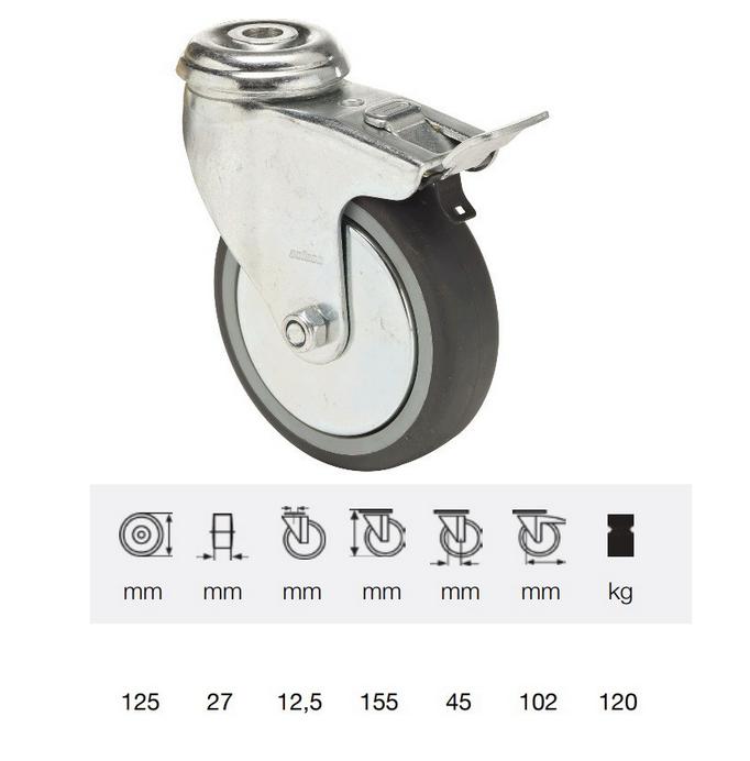 Colson BDPE 1255 1001, Forgó-fékes kerék, 125 mm, 120 kg teherbírás, furatos felfogatás