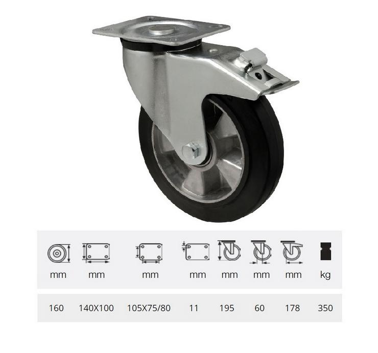 Colson BPAB 1603 6150, Forgó-fékes kerék, horganyzott villába szerelve, fekete tömörgumi futófelülettel, 160 mm, 350 kg, talpas felfogatás