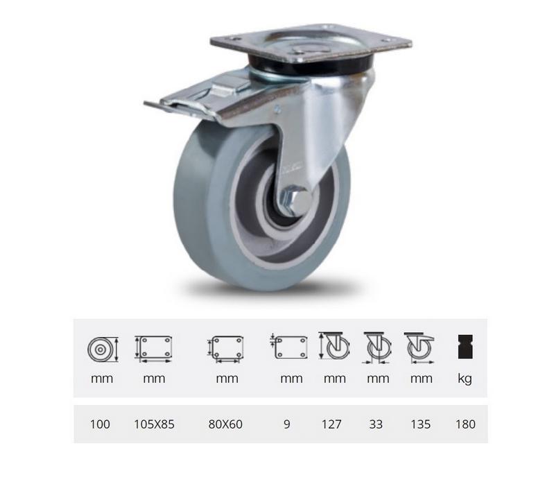 Colson BPAG 1001 6150, Forgó-fékes kerék, horganyzott villába szerelve, szürke nyommentes tömörgumi futófelülettel, 100 mm, 180 kg, talpas felfogatás