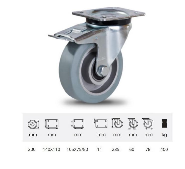 Colson BPAG 2003 6150, Forgó-fékes kerék, horganyzott villába szerelve, szürke nyommentes tömörgumi futófelülettel, 200 mm, 400 kg, talpas felfogatás