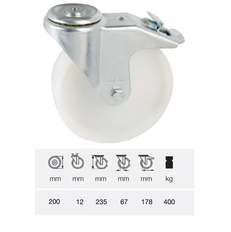 Colson BPPN 2007 1100, Forgó-Fékes kerék, (poliamid) futófelület, horganyzott villában, 200 mm, 400 kg, furatos felfogatás