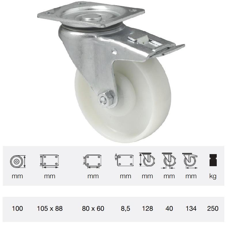 Colson BTPN 1002 5100, Forgó-Fékes kerék, (poliamid) futófelület, horganyzott villában, 100 mm, 250 kg, talpas felfogatás