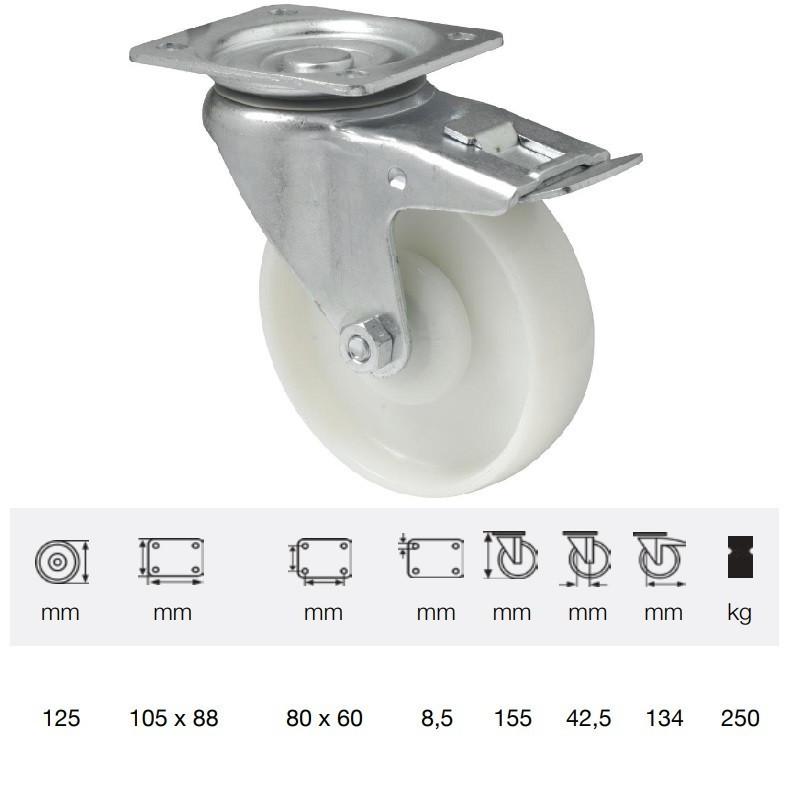 Colson BTPN 1252 5100, Forgó-Fékes kerék, (poliamid) futófelület, horganyzott villában, 125 mm, 250 kg, talpas felfogatás