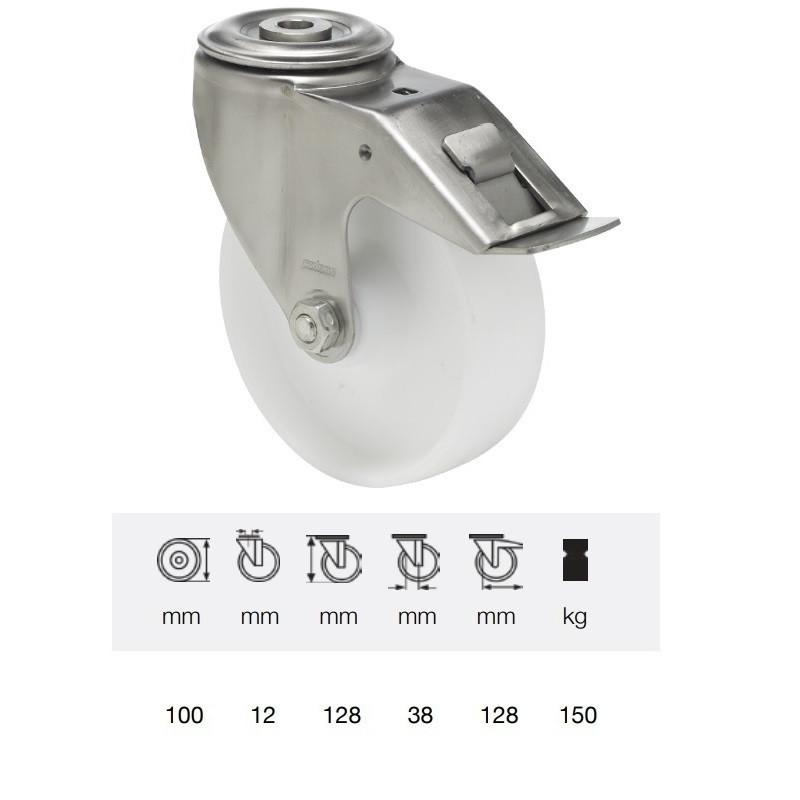 Colson BXPP 1005 1000, Forgó-fékes kerék, (polipropilén) futófelület, rozsdamentes villában, 100 mm, 160 kg, furatos felfogatás