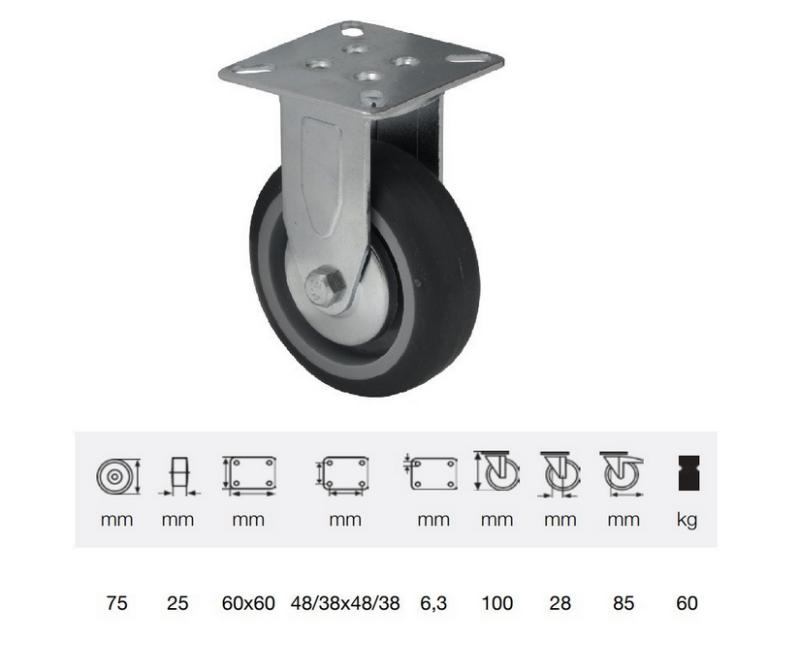 Colson FDPE 0751 1001, Fix kerék, 75 mm, 60 kg teherbírás, talpas felfogatás