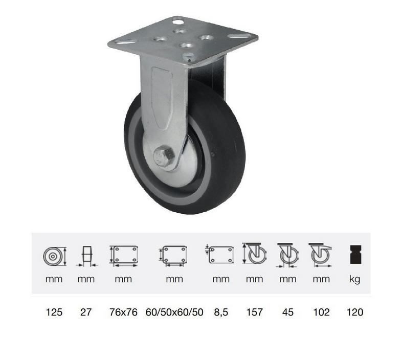 Colson FDPE 1251 1001, Fix kerék, 125 mm, 120 kg teherbírás, talpas felfogatás