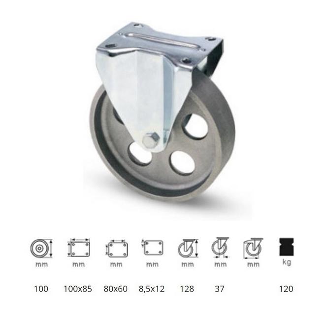 Colson FLCN 1002 1000, Fix kerék, horganyzott villába szerelve, Öntöttvas kerék, magas hőállósággal, 100 mm, 120 kg teherbírás, +500 Celsius