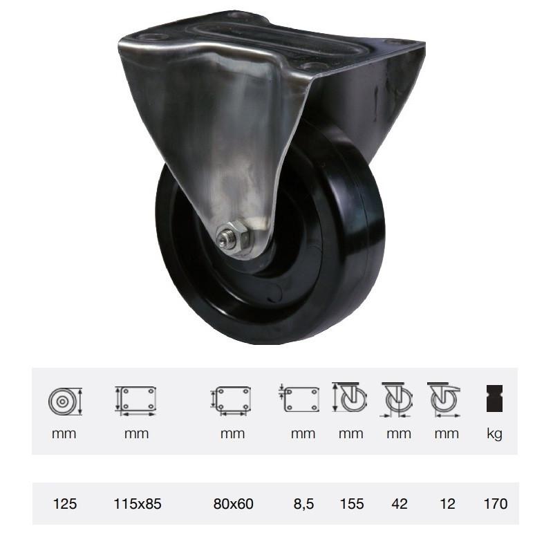 Colson FLFL 1251 1000, Hőálló (+280C-ig) Fix kerék, horganyzott villában, fenolgyantával kevert futófelület, 125 mm, 170 kg, talpas felfogatás