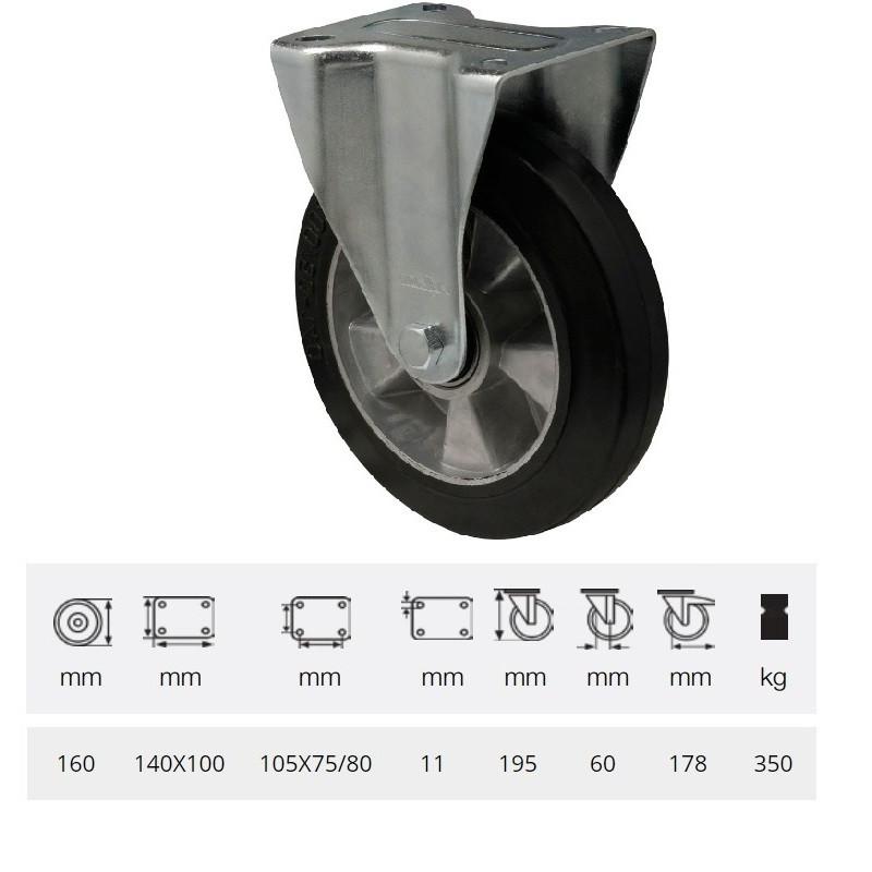 Colson FPAB 1603 6150, FIx kerék, horganyzott villában, fekete tömörgumi futófelülettel, 160 mm, 350 kg, talpas felfogatás