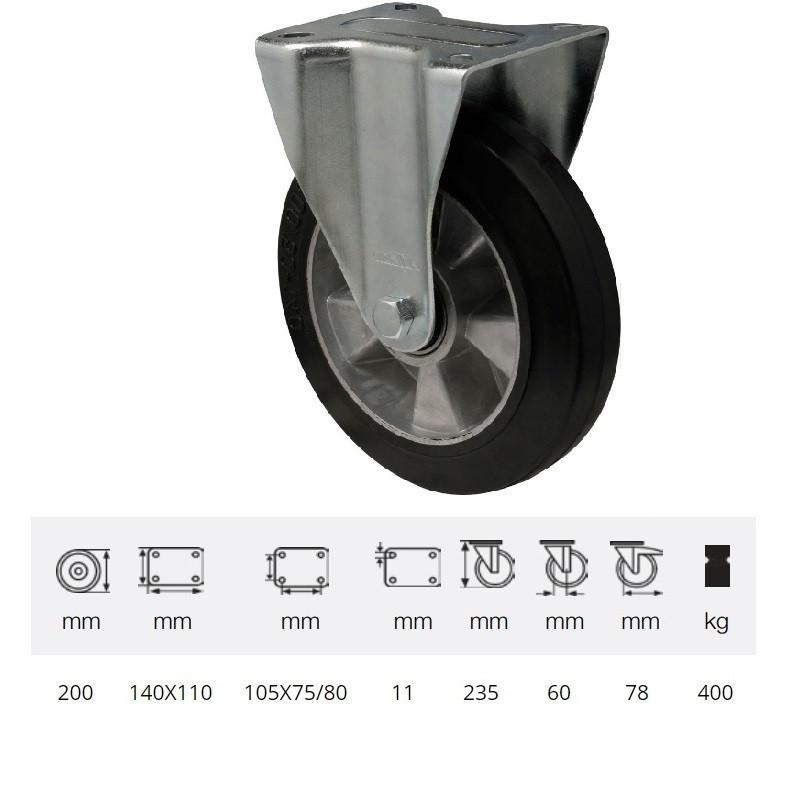 Colson FPAB 2003 6150, FIx kerék, horganyzott villában, fekete tömörgumi futófelülettel, 200 mm, 400 kg, talpas felfogatás