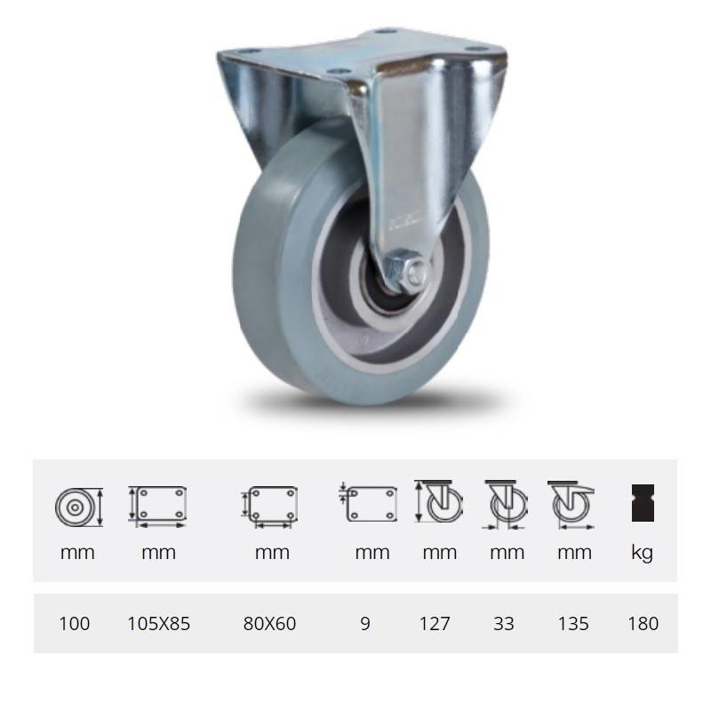 Colson FPAG 1001 6150, FIx kerék, horganyzott villában, szürke nyommentes tömörgumi futófelülettel, 100 mm, 180 kg, talpas felfogatás