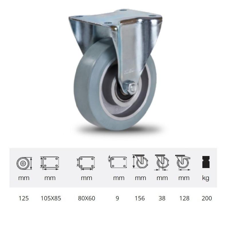 Colson FPAG 1251 6150, FIx kerék, horganyzott villában, szürke nyommentes tömörgumi futófelülettel, 125 mm, 200 kg, talpas felfogatás