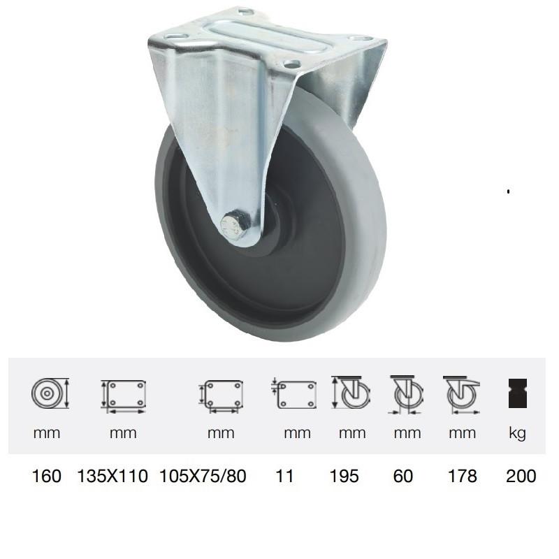 Colson FPPE 1603 5000, Fix kerék, horganyzott villában, tömörgumi futófelület, 160 mm, 200 kg, talpas felfogatás