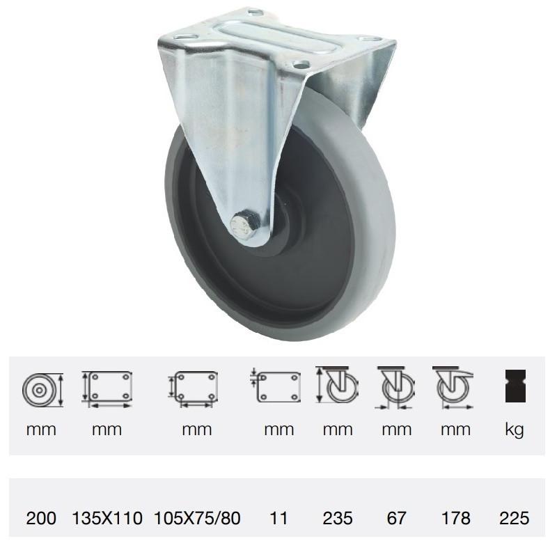 Colson FPPE 2003 5000, Fix kerék, horganyzott villában, tömörgumi futófelület, 200 mm, 225 kg, talpas felfogatás