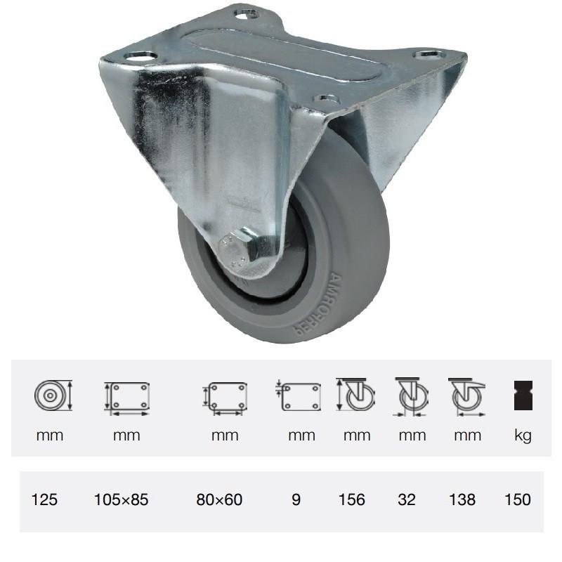 Colson FPPF 1251 5000, Fix kerék, horganyzott villában, tömörgumi futófelület, 125 mm, 150 kg, talpas felfogatás