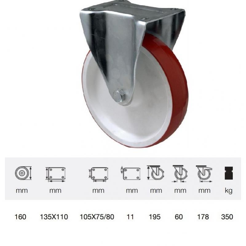 Colson FPPU 1603 2100, Fix kerék, Poluretán futófelülettel, horganyzott villában, 160 mm, 300 kg, talpas felfogatás