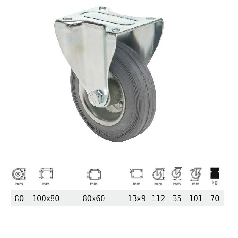 Colson FPSG 0801 2000 L, Fix kerék, szürke (nyommentes) gumi futófelület, 80 mm, 70 kg, talpas felfogatás