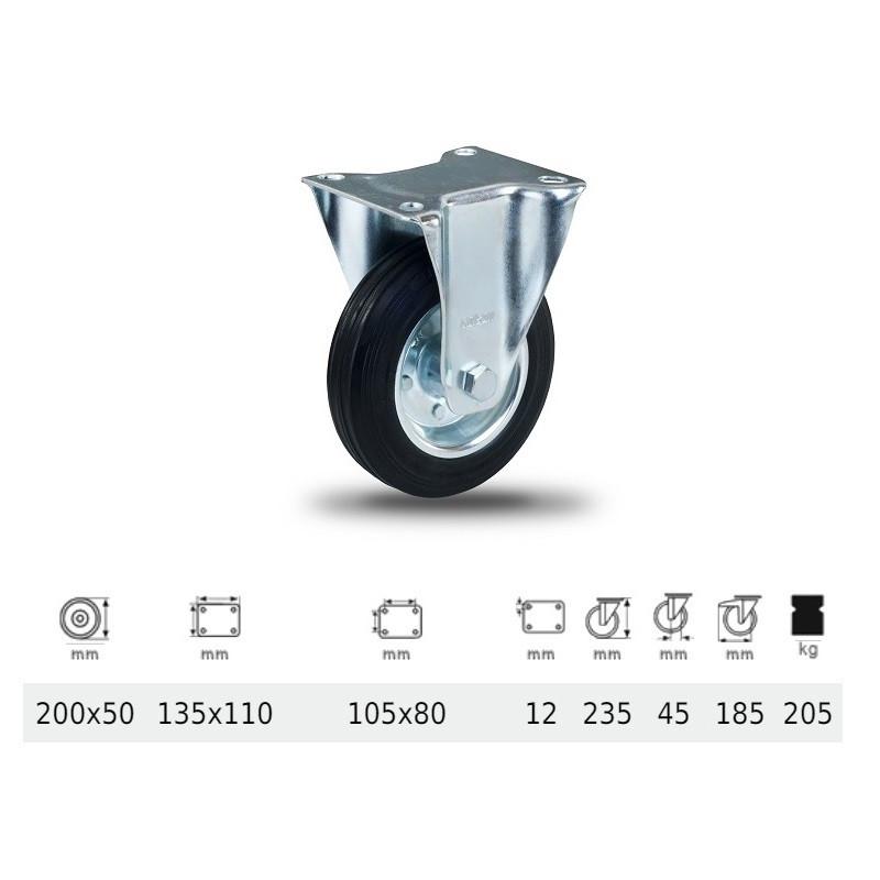 Colson FPSM 2003 2000 W, Fix kerék, fekete gumi futófelület, 200 mm, 205 kg, talpas felfogatás