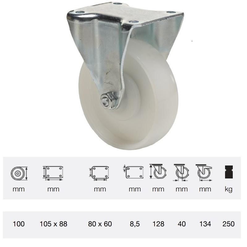 Colson FTPN 1002 5100, Fix kerék, (poliamid) futófelület, horganyzott villában, 100 mm, 250 kg, talpas felfogatás