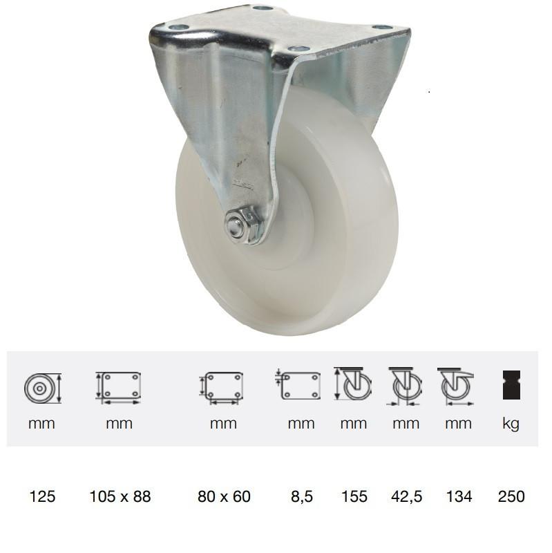 Colson FTPN 1252 5100, Fix kerék, (poliamid) futófelület, horganyzott villában, 125 mm, 250 kg, talpas felfogatás