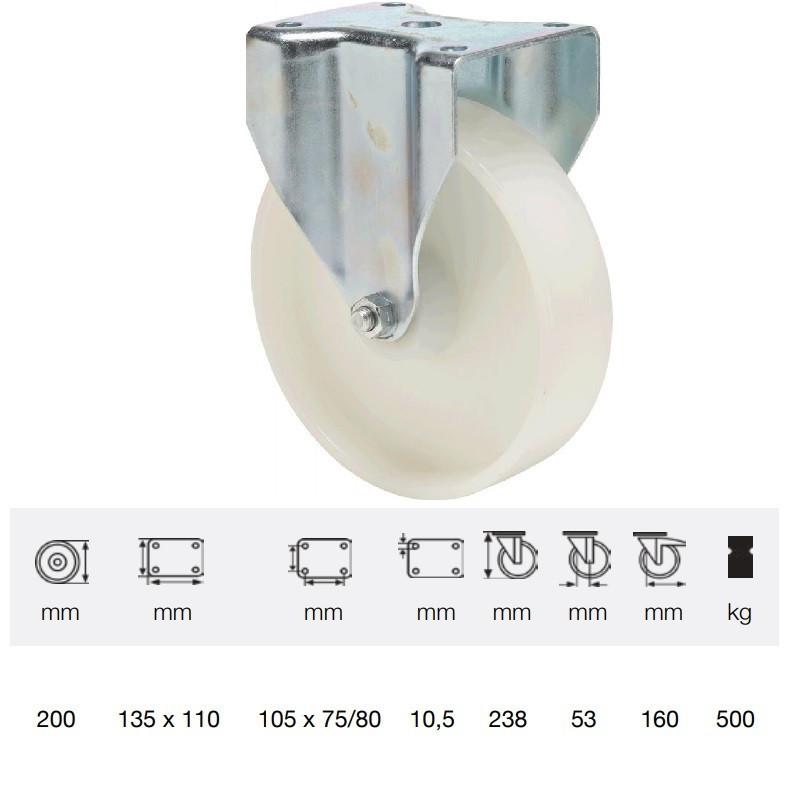 Colson FTPN 1603 6100, Fix kerék, (poliamid) futófelület, horganyzott villában, 160 mm, 500 kg, talpas felfogatás