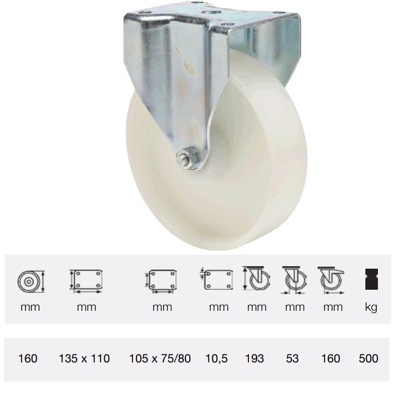 Colson FTPN 2003 6100, Fix kerék, (poliamid) futófelület, horganyzott villában, 200 mm, 500 kg, talpas felfogatás